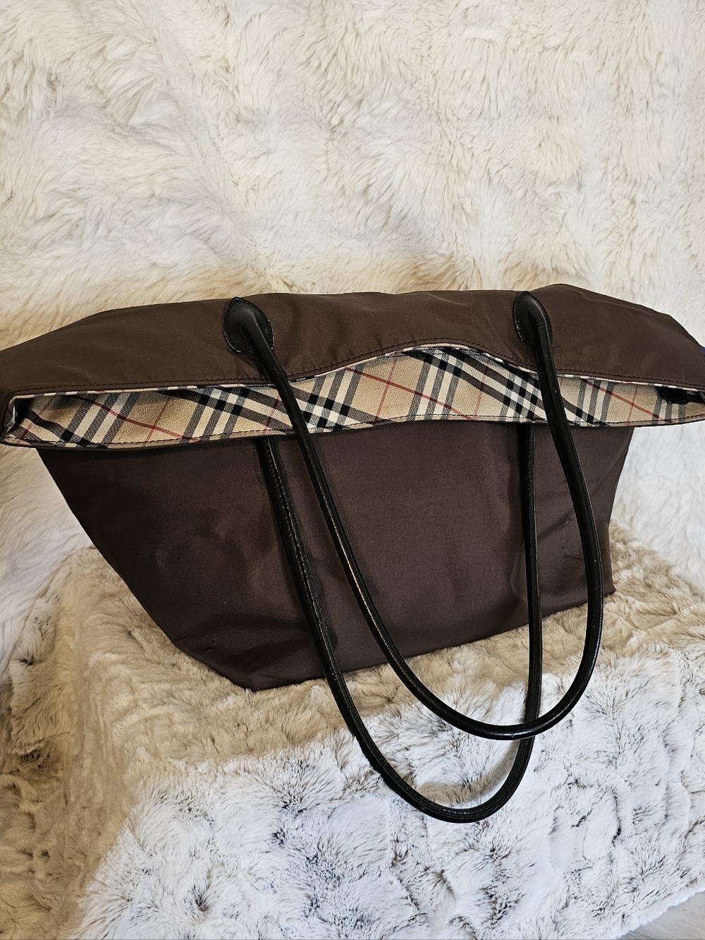 Burberry Brown Tote with Black Straps and Signature Check Base - Picture 3 of 16